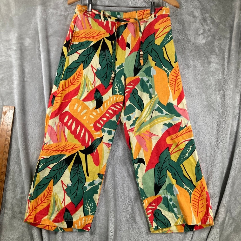Calligraphie M Tropical Leaf Print Wide Leg Linen Blend Crop Pants Multicolor